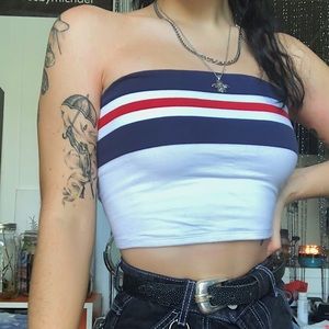 White, blue, & red striped tube top